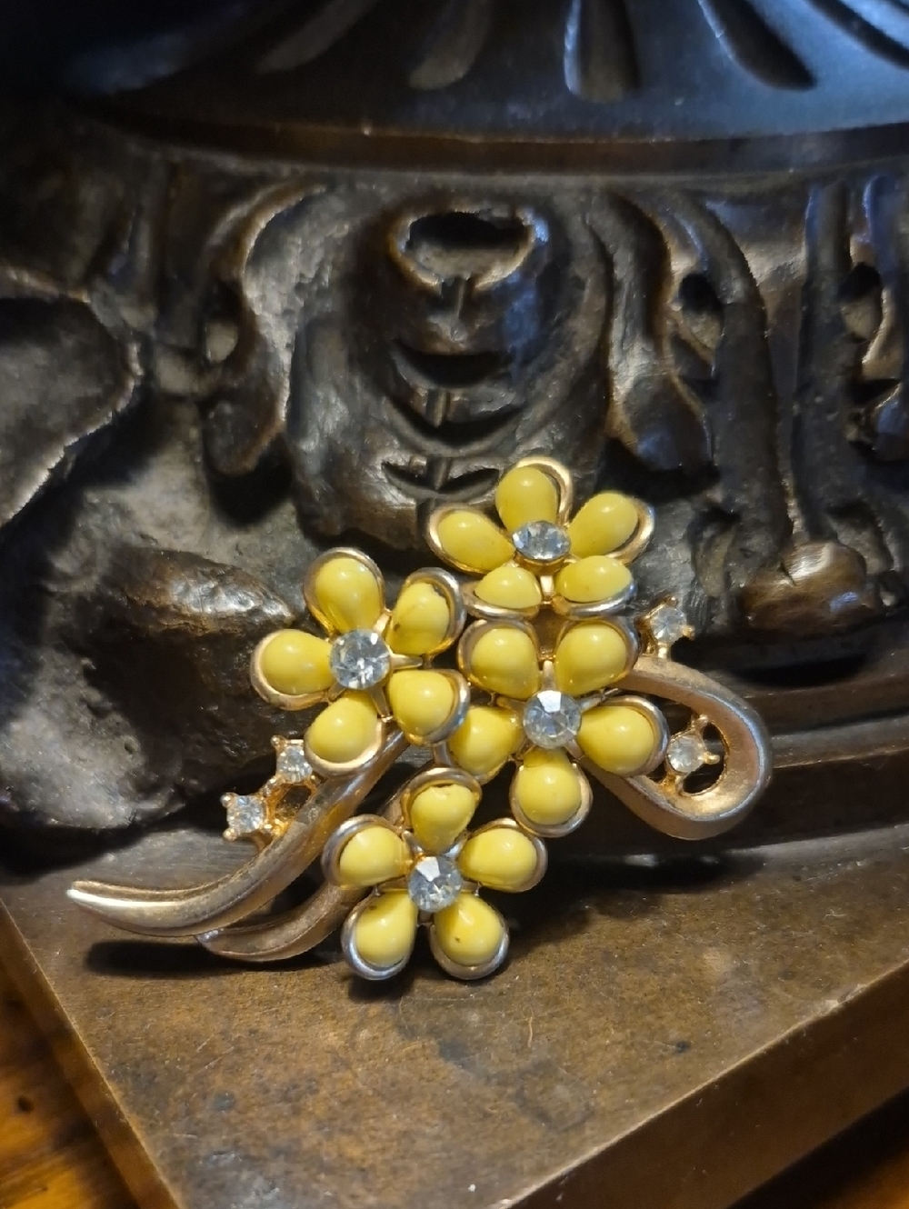 Vintage Yellow Flower Brooch with Crystal Accents Gold tone